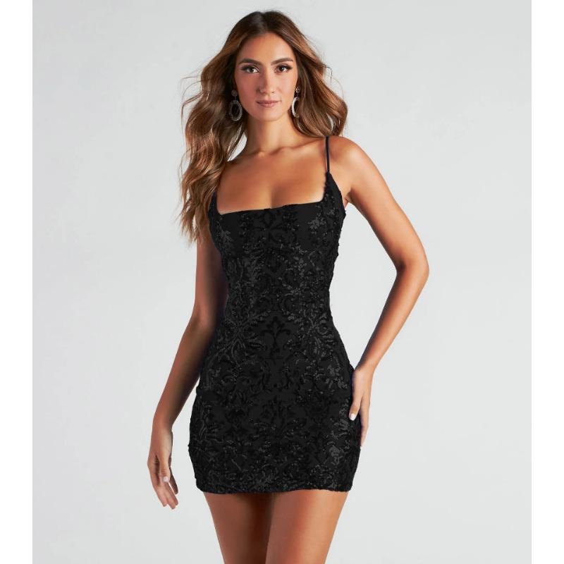 Damen Sexy Pailletten Spaghettiträger Bodycon Slim Fit Mini Abendkleid