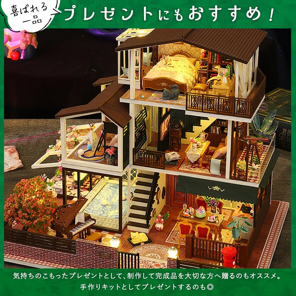 Moin Moin Dollhouse Miniature DIY Kit Set Luxury Retro X Modern LED Light Acrylic Case Music Box Cat Figure [English Instructions] Cottage, Mansion,
