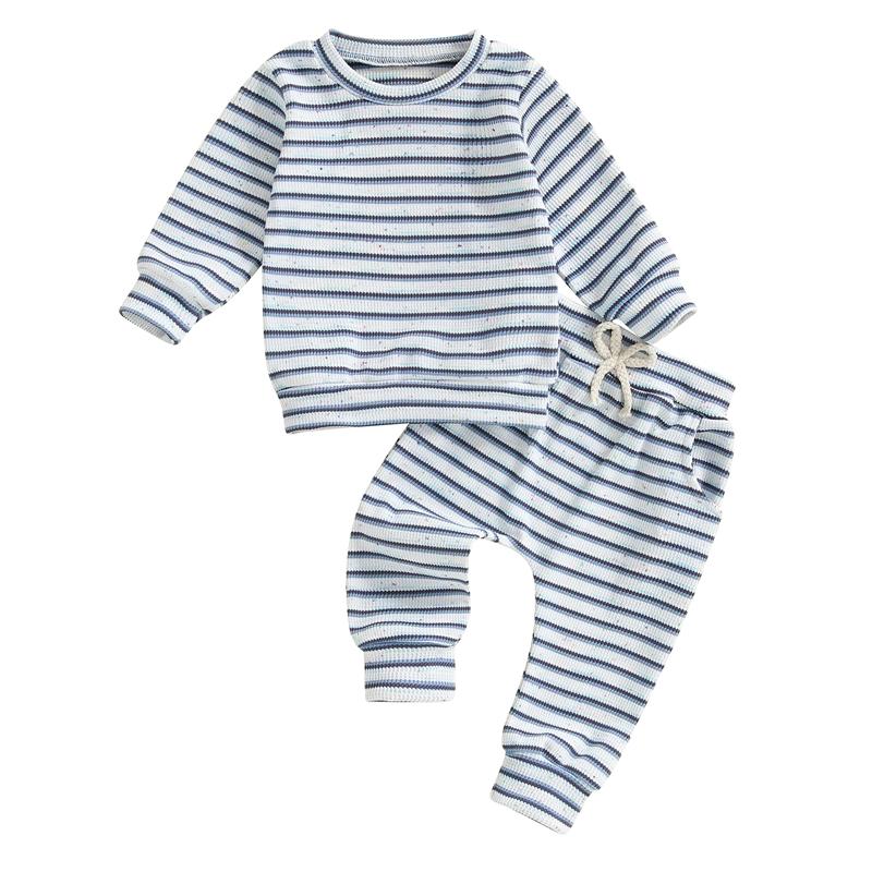 Toddler Baby Boys Girls Fall Waffled Clothes Stripe Long Sleeve Round Neck Pullover Elastic Waist Long Pants 2Pcs Outfit