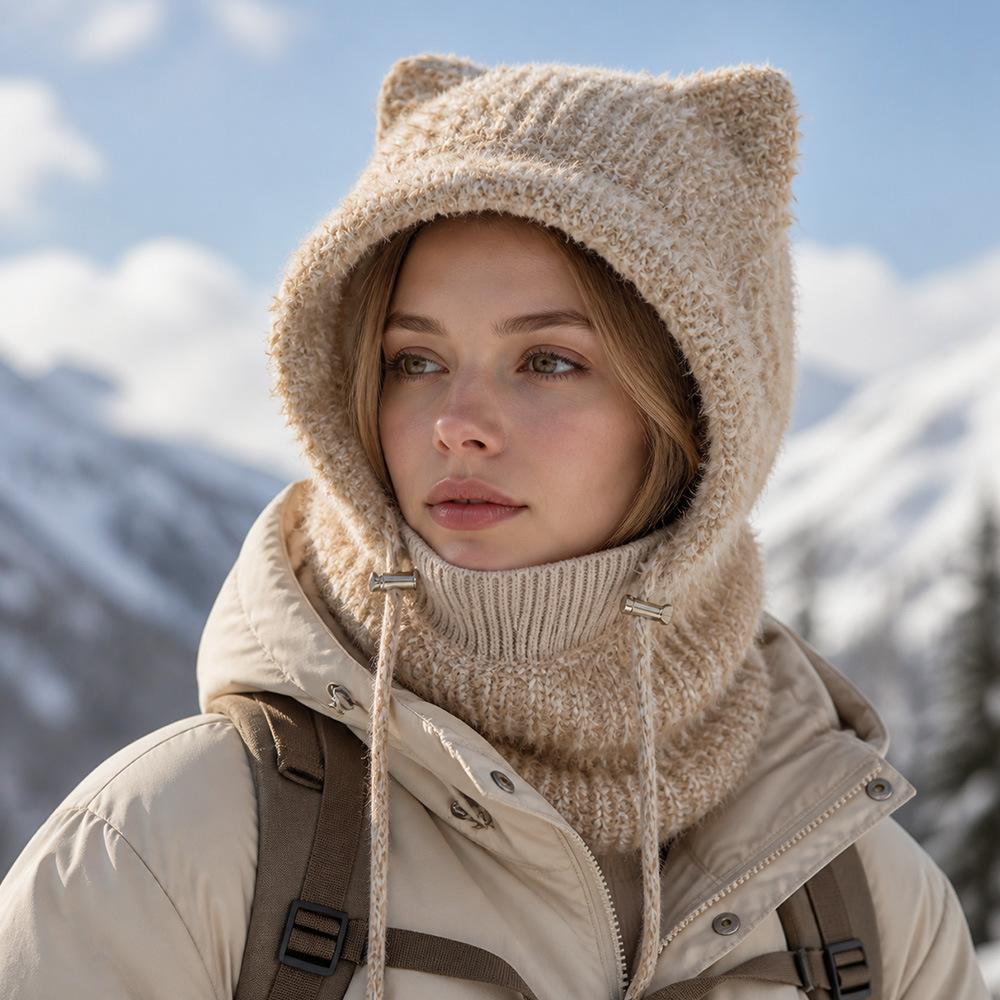 Winter riding windproof ear protection warm knitted hat cat ears scarf mask integrated hat fleece thickened cold hat