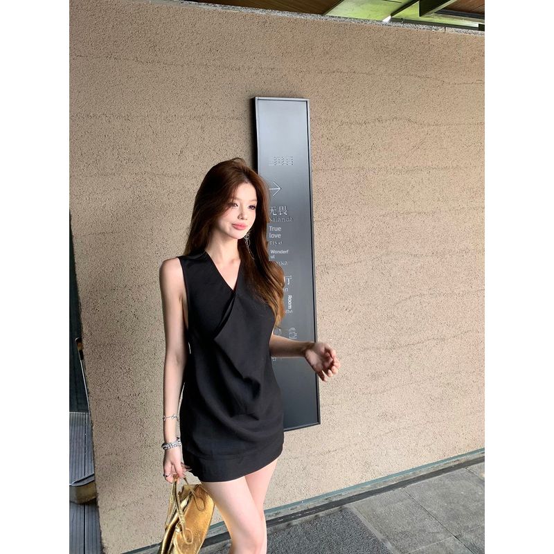 Kumikumi Pure Desire Style Set French style Swing Collar Slimming Vest Women Summer Solid Hip Skirt Two piece skirt