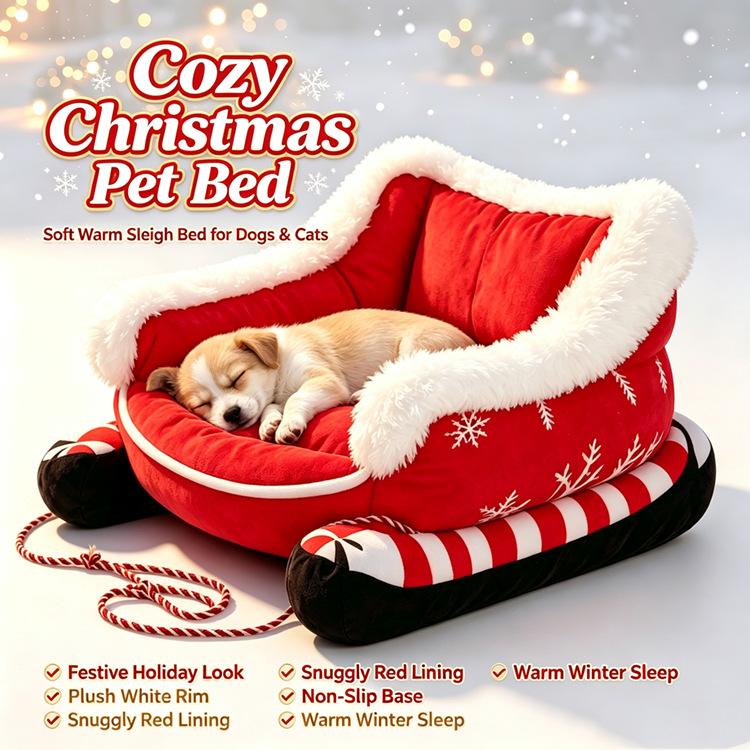 Christmas Sleigh Dog Sofa Bed Winter Warm Soft Plush Cat Lounge Mat Removable Washable Pet Sleeping Couch for Small Medium Dogs