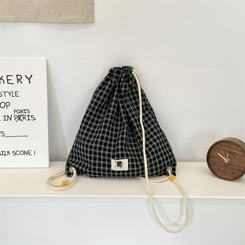 Vintage Korean Plaid Drawstring Bag Y2K Aesthetic Harajuku Plaid Backpack Casual Lightweight Student Schoolbags Outdoor