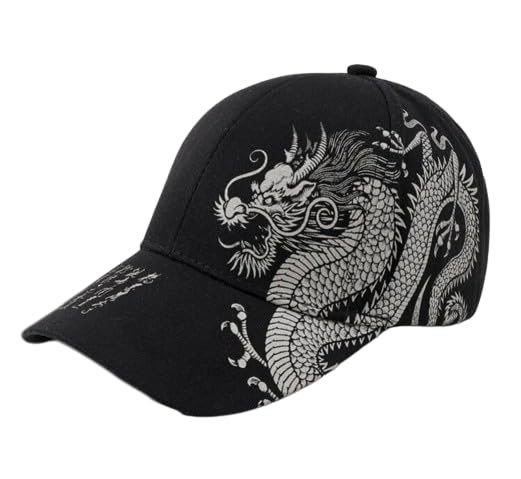 Sproutsy Men's Japanese Dragon Cap, Cool Design, Unisex, Kanji Design (Black)