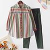 2Pcs/Set Lapel Long Sleeve Single Breasted Mid-rise Pockets Casual Outfit Striped Print Shirt Solid Color Pants Set