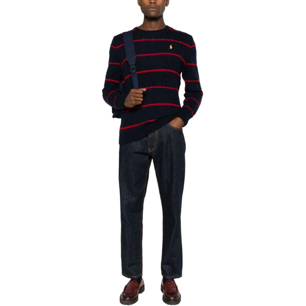 Polo Ralph Lauren FW23 Crew Neck Striped Logo Long Sleeve Knit Sweater Men Sweater Black 710917407-001