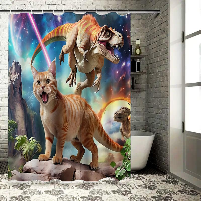 Creative Dinosaur Cat Pattern Waterproof Mold-proof Shower Curtain Home Decor Unique Design Stylish Bathroom Item Elevate Space