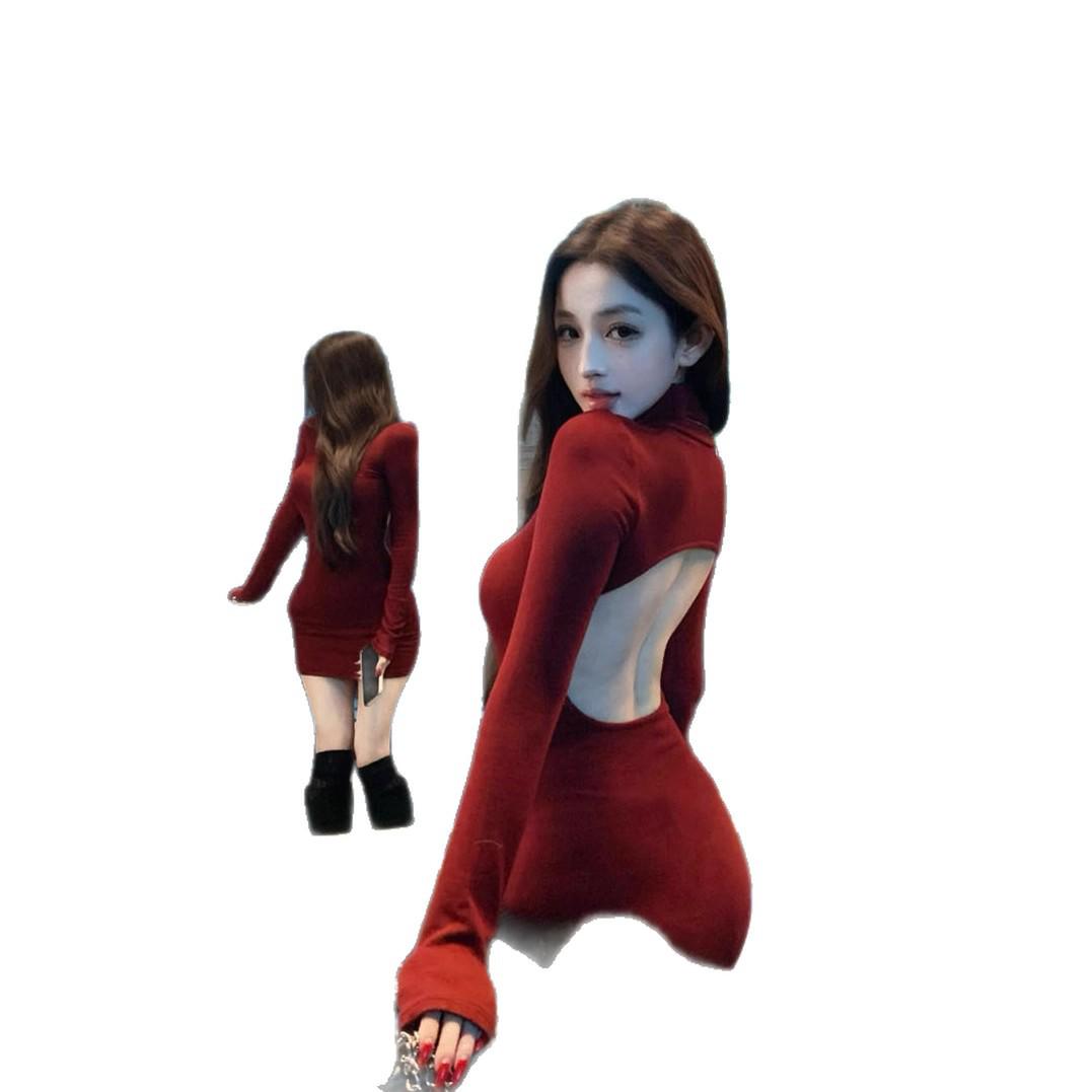 

Women s Red High Neck Long Sleeve Backless Bodycon Dress - Autumn/Winter Sexy Hollow Out Hip Hugging Mini. Extra Large