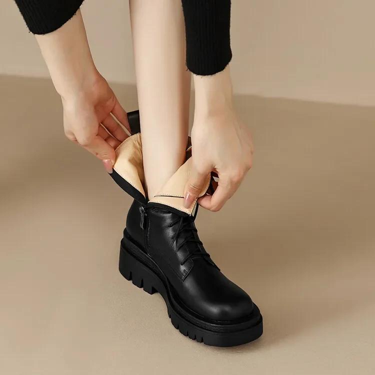 

Fashion Women Genuine Leather Platform Boots Women Round Toe Lamb Hair Short Boots for Women Winter Women Boots High Heels Ladies Shoes 34