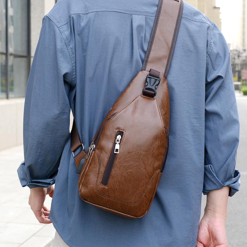 Simple and Fashionable Casual Solid Color PU Multifunctional USB Charging Zipper Man's Chest Bag Crossbody Bag for Commuting