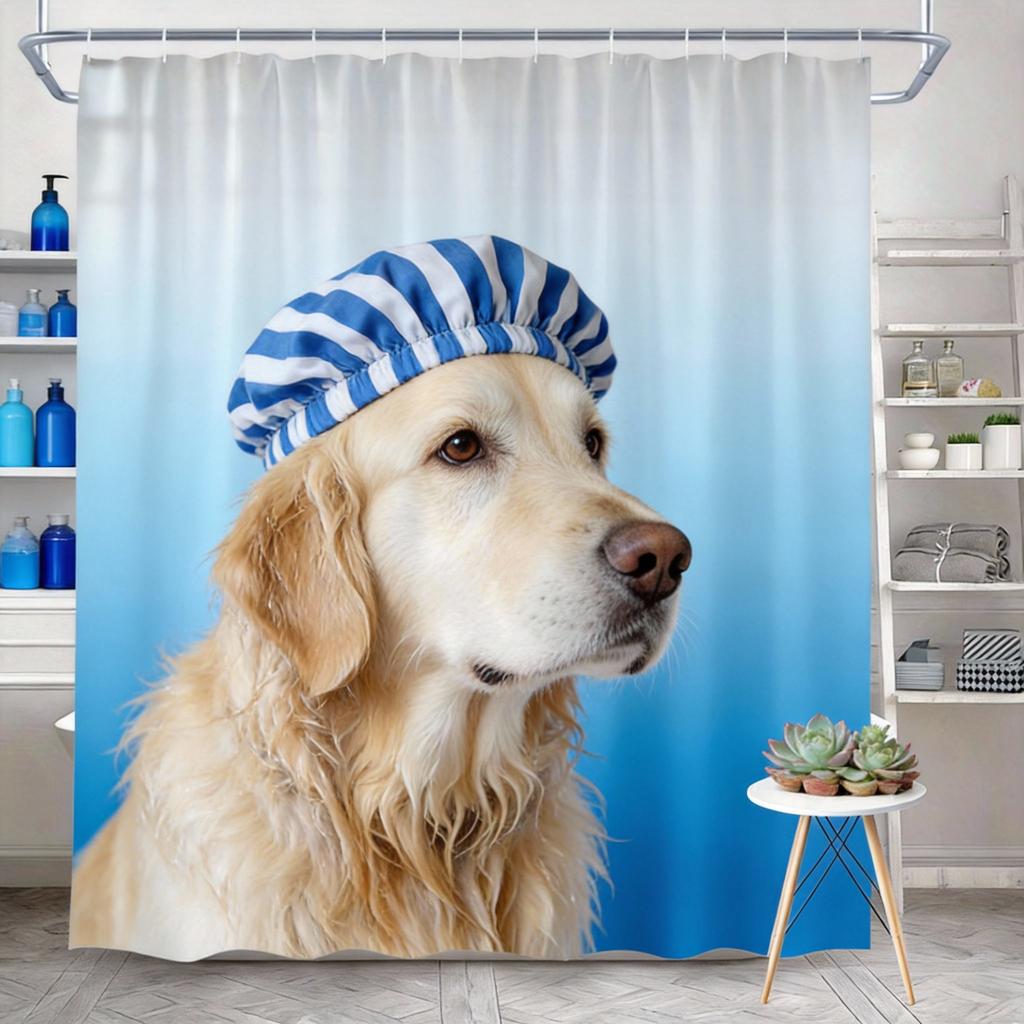 Golden Retriever Duschvorhang 180x180cm – Hund in Handtuch gewickelt, Geschenk für Hundeliebhaber, 12 Haken Badezimmer dekorativer Duschvorhang