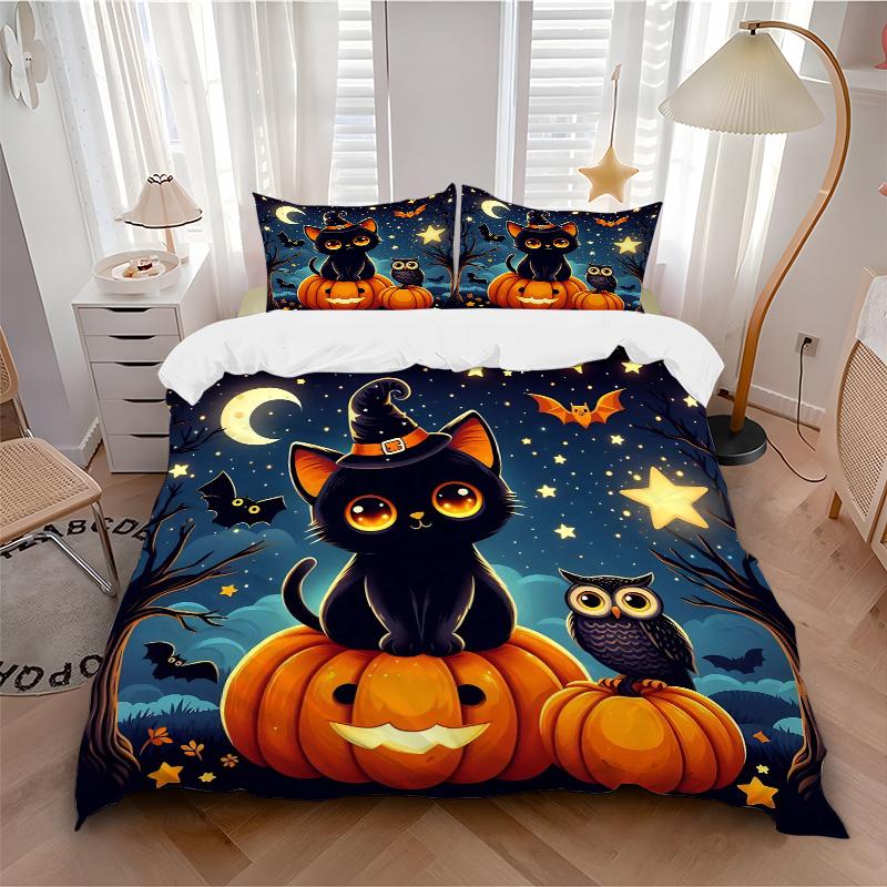 3pcs Starry Sky Cat and Owl Halloween Print Cover Set Ultra Soft, Breathable, and Comfortable Bedding with Stylish Design for Bedroom and Guest R