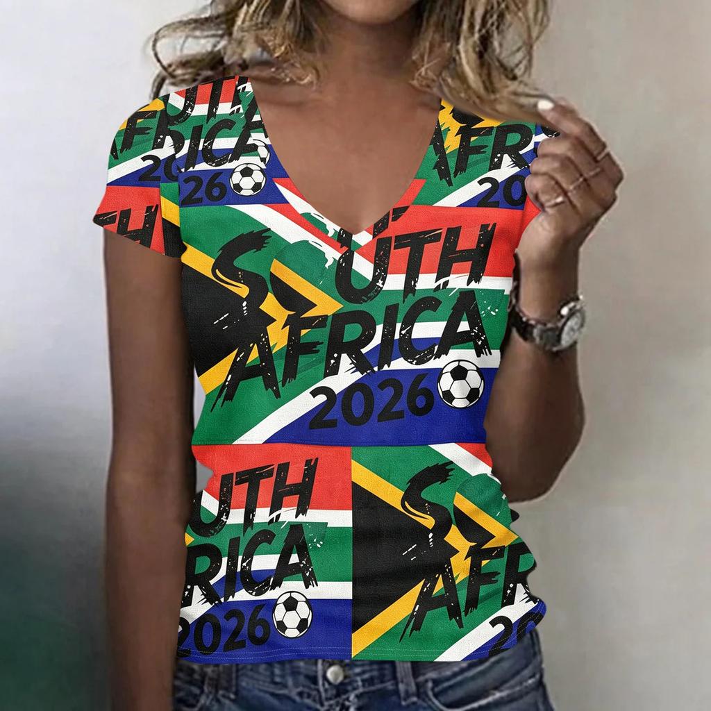 Women's V Neck Short Sleeve Lightweight T Shirt for Summer Casual Wear Football Themed Graphic Tee with National Flag Print Soft Fabric