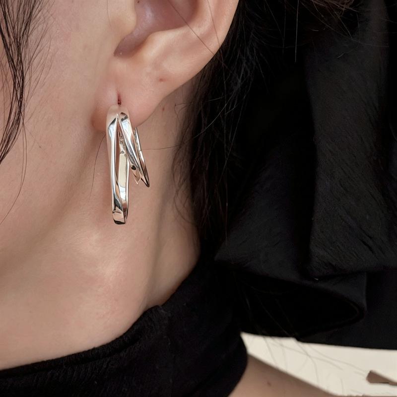 Korean Light Luxury Silver Double-Layer Round Intersecting Versatile Earrings