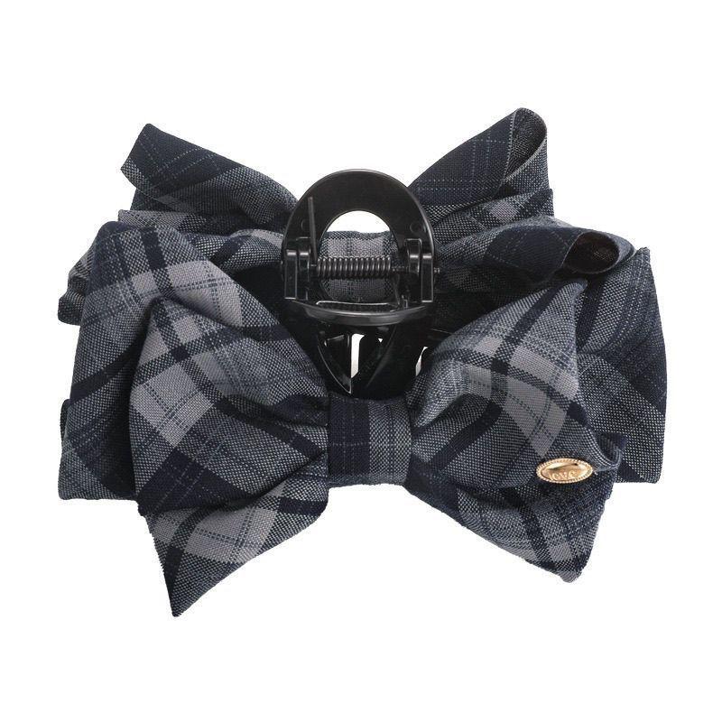 Korean Plaid Bow Hair Clip: Stylish Gold Label Shark Clip for Buns White-Grey Plaid