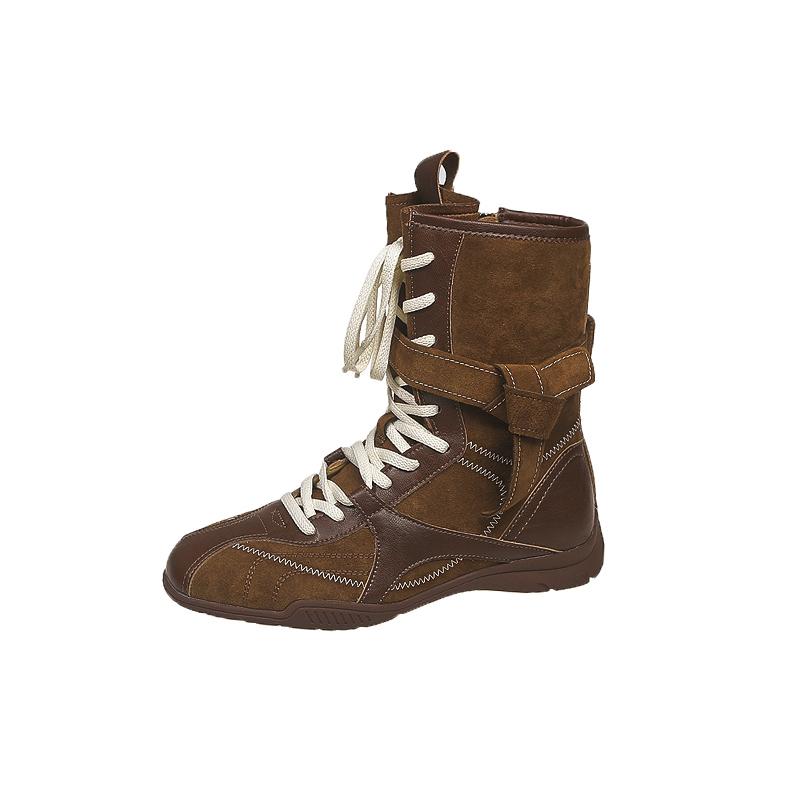 

Модные ботинки до середины голени на низком каблуке со шнуровкой спереди, осенние новинки, с круглым носком, из замши в сочетании, на мягкой подошве, противоскользящие, износостойкие, одинарные ботинки 40 коричневый