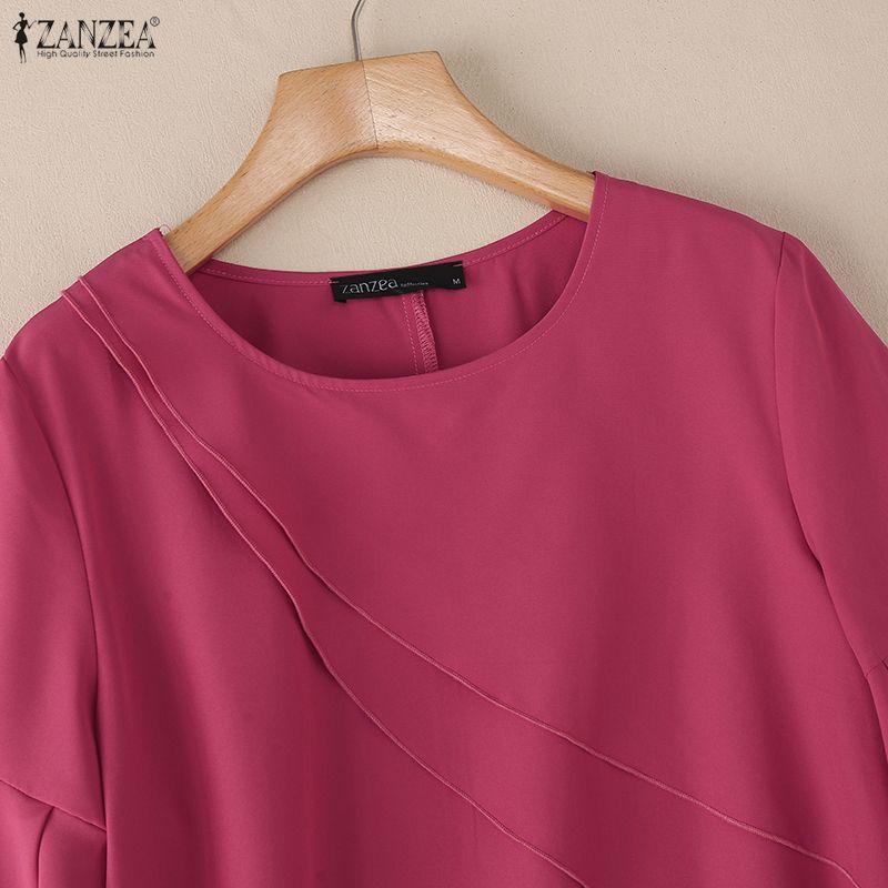 ZANZEA Women Casual Round Neck Solid Color Ruffles Half Sleeve Blouse