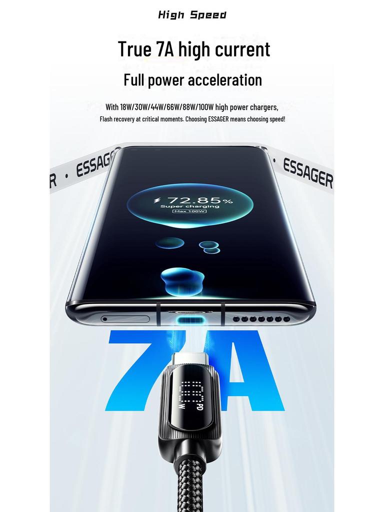 Nabíjecí kabel ESSAGER Type-C7A s digitálním displejem pro telefony Huawei, Honor, OPPO a další