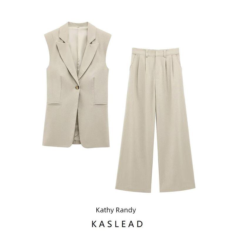 Kaslead New Arrival Women's Clothing Fashion Wind Belt Padded Shoulder Vest Casual Straight Pants 2388586 2384586