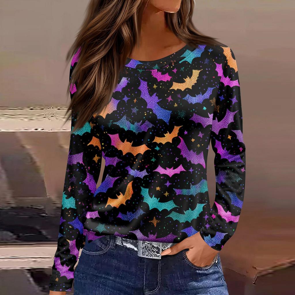 Damenmode, lässig, langärmelig, bedruckt, Rundhalsausschnitt, Pullover, Top, Bluse