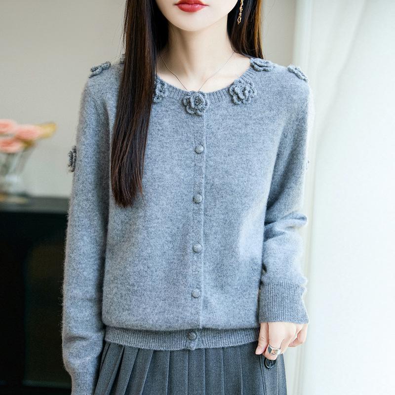 100% Wool Women's Hand-Crocheted Round Neck Cardigan - Nine Roses Sweater Coat for Autumn/Winter