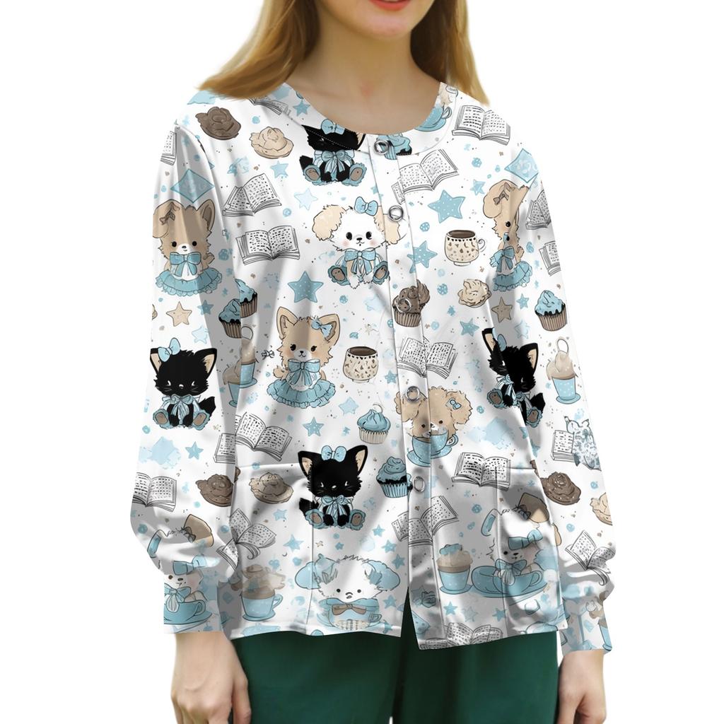 Women's Long Sleeve Top, Casual Uniform with Print, Single Pocket, Lightweight Work Shirt for