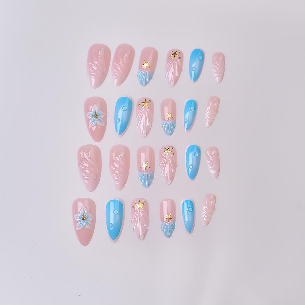 3D Handmade Resin Shell Pattern French Flower Almond-Shaped Wearable Nails - 24 Pieces