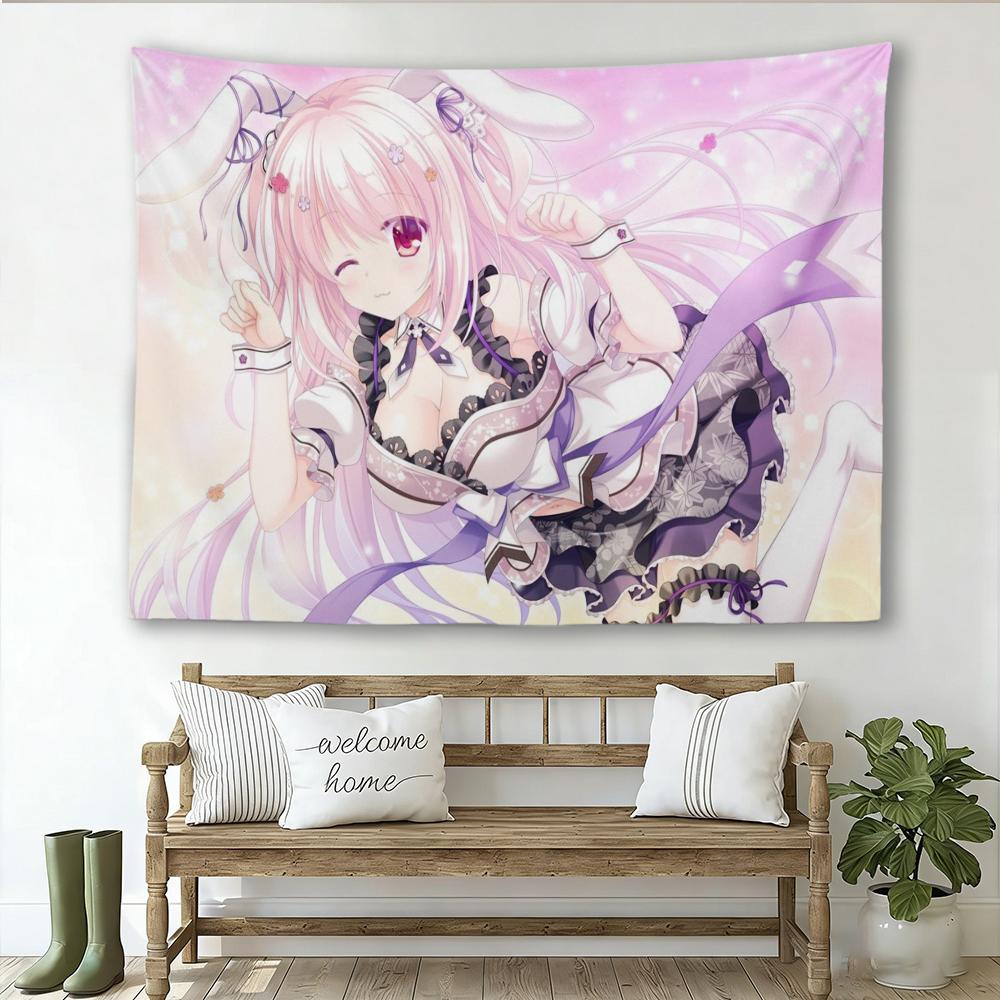 Retro Anime Bunny Girl Tapestry, Pink Hair Usagi Maid Wall Hanging