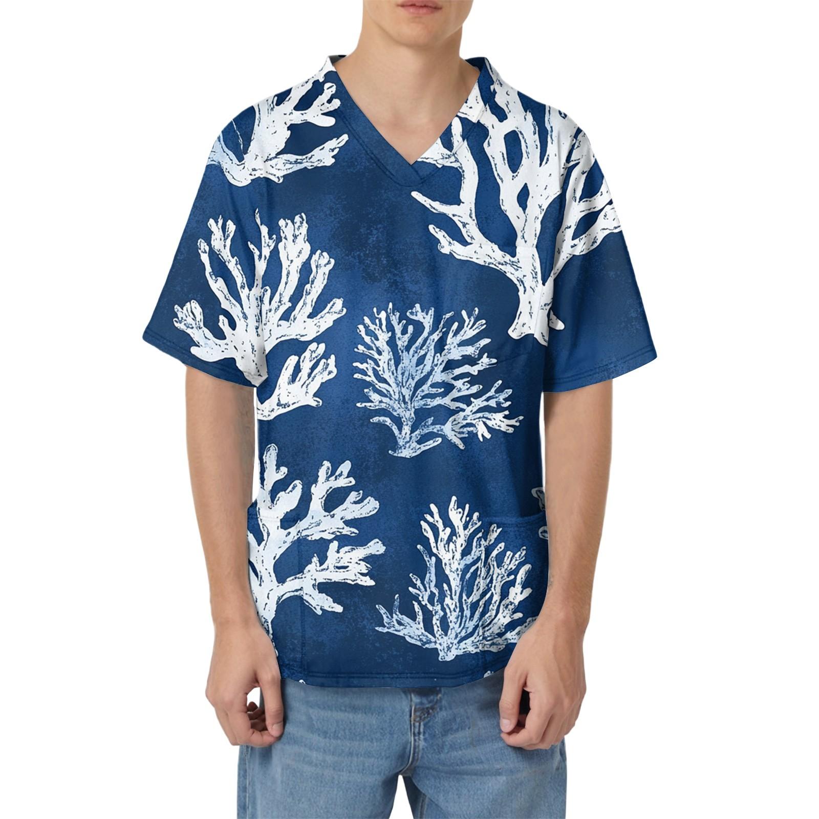 

Мужская рабочая блузка с короткими рукавами и v-образным вырезом с принтом, топ с нагрудным карманом XL белый