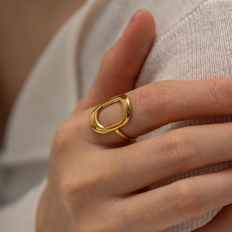 Stainless Steel Metal Hollow Square Open Rings For Women Vintage Gold Color Geometric Waterproof Chunky Ring Jewelry