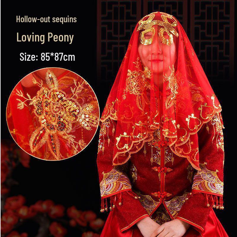 Red Xiuhe Summer Bridal Dress with Semi-Transparent Veil and Head Covering