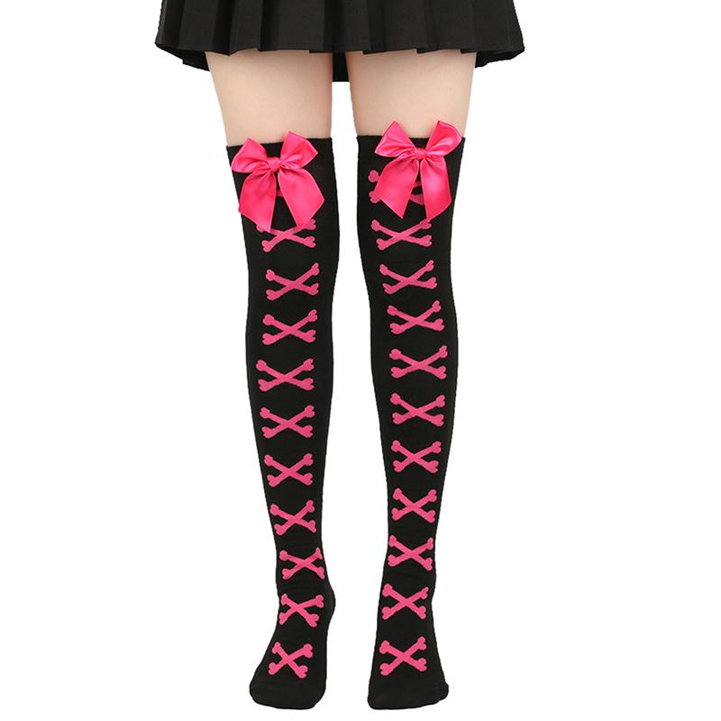 1 Paar Mädchen Schwarz Süß Niedlich Rosa Y2K Harajuku Lolita Oberschenkelhohe Strümpfe Mädchen Knochen Schleife Socken Streetwear