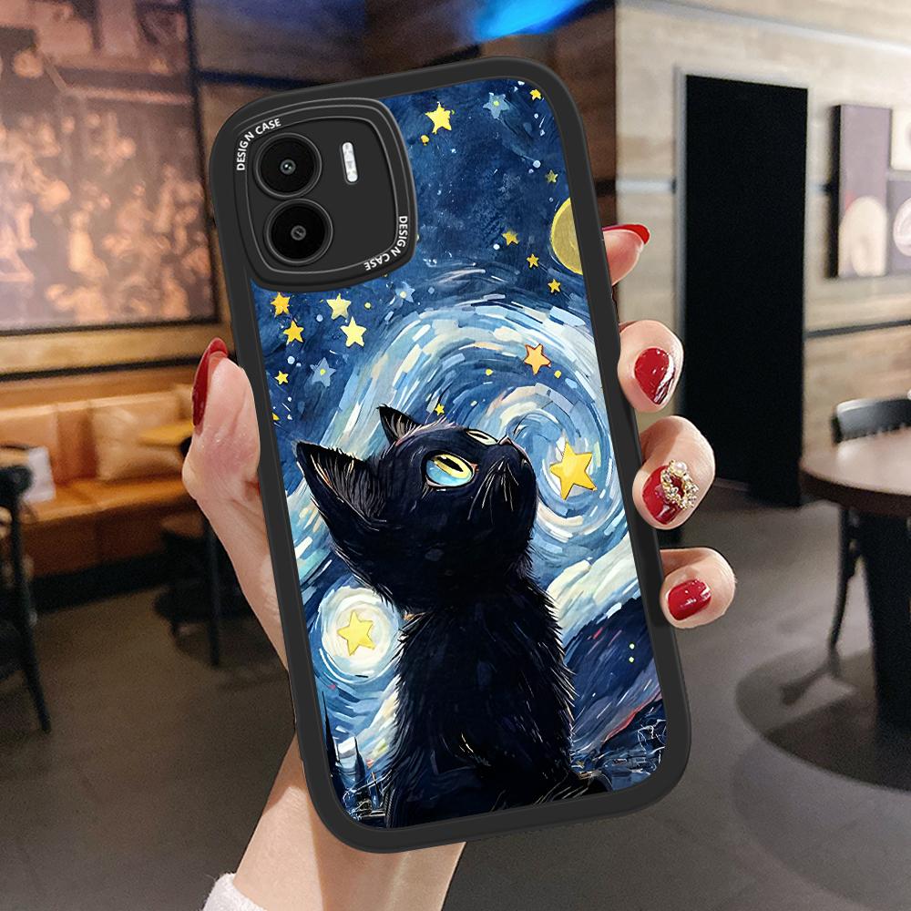 The Starry Night Black Cat PU Leather Phone Case for iPhone 15 14 13 12 Pro Max Samsung Galaxy S23 Ultra S20 FE A52 Redmi Xiaomi POCO Soft Cover