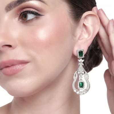 Sparkling Rhodium Plated CZ Emerald Stone Drop Earrings for Women