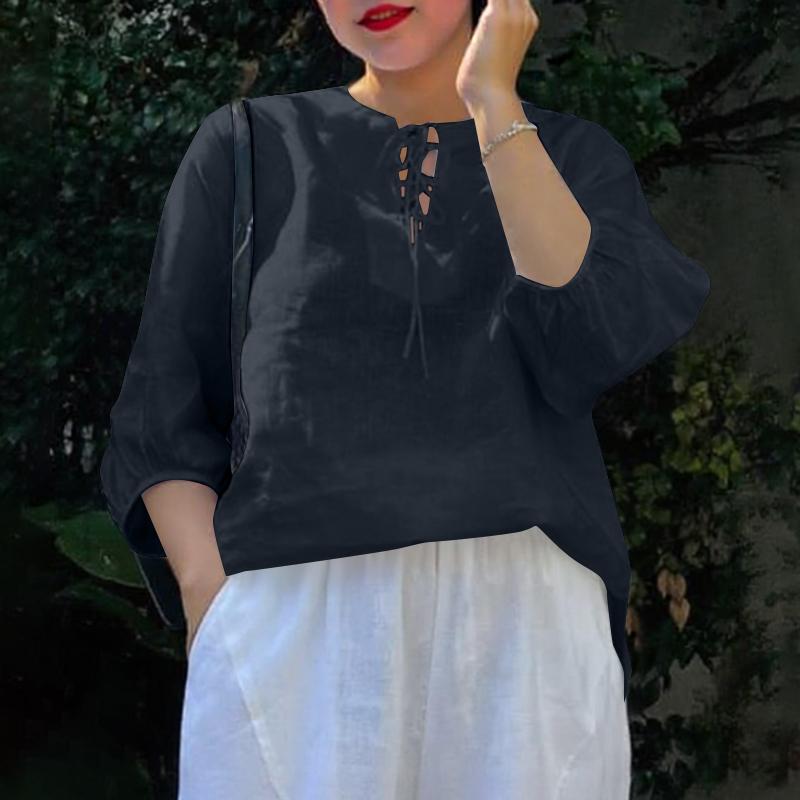 

ZANZEA Женская повседневная свободная блузка со шнуровкой и V-образным вырезом и рукавом 3/4 XL