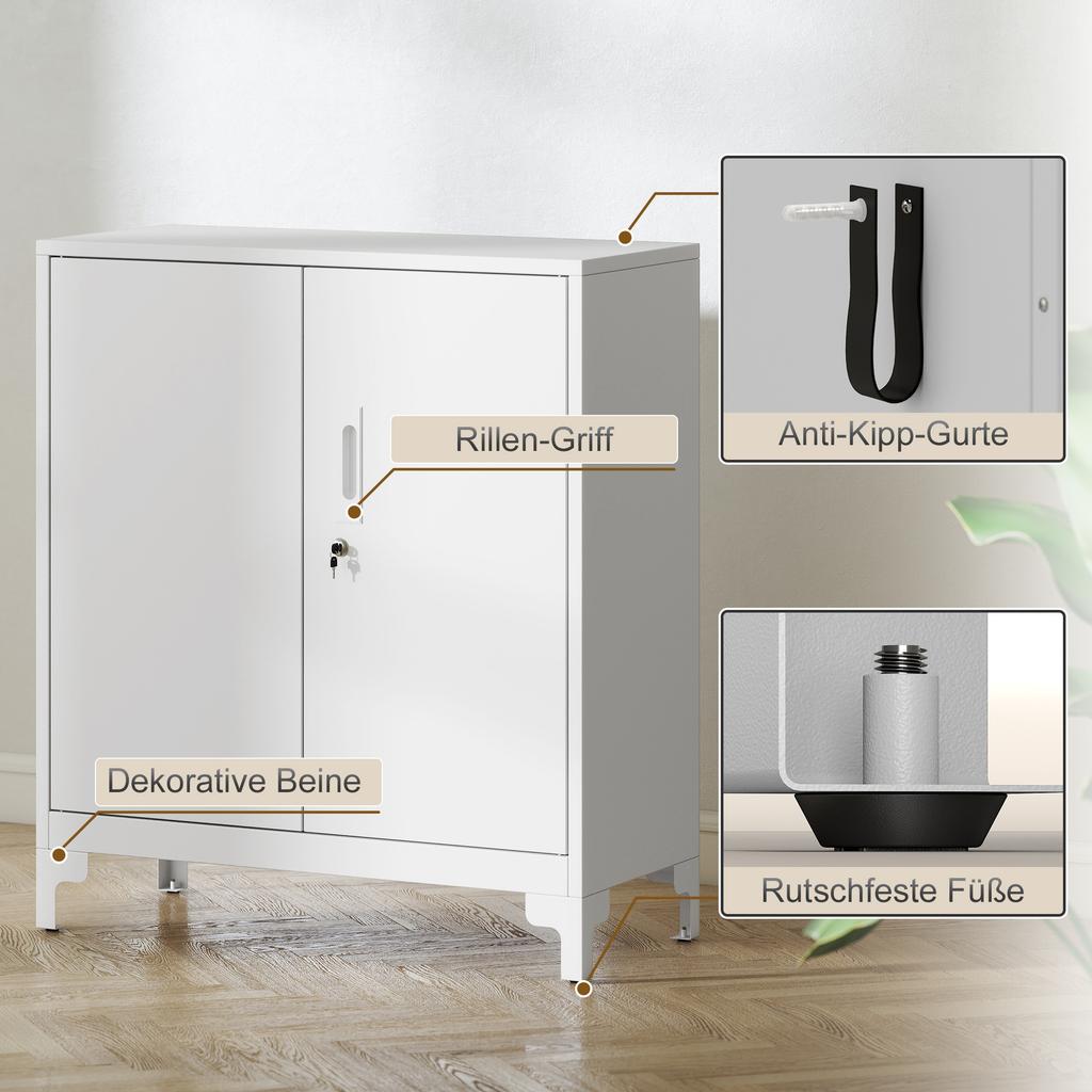 Metal Office Cabinet, Lockable Doors, Office Chest of Drawers, 2-Tier Design, White