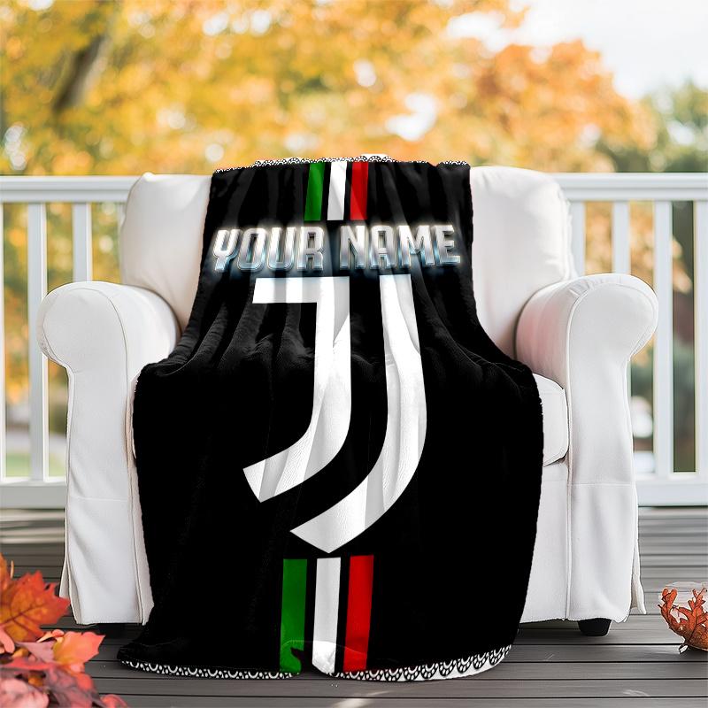 1pc Personalized Name Juventus Theme Blanket - Digital Print, Polyester, Cozy for All Seasons, Perfect for Outdoor, and Travel