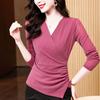 Women Cross V Neck Shimmer Mesh Long Sleeve Tops Side Ruched Slim Fit Elegant Layering Blouse Shirts