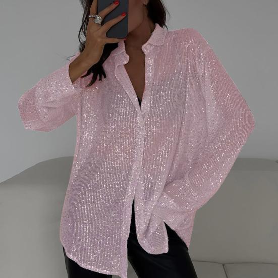 Damen Hemd Revers Langarm Glänzende Pailletten Hemd Oberteile Locker Sitzend Verdeckte Knopfleiste Cardigan Hemd Nachtclub Party Kleidung
