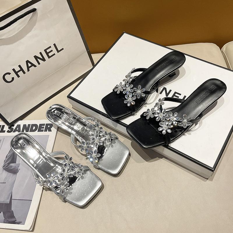 Summer New Style Silver High-heeled Shoes with Black Sandals and Slippers Luxury Rhinestones with Black Sandal for Women To Wear