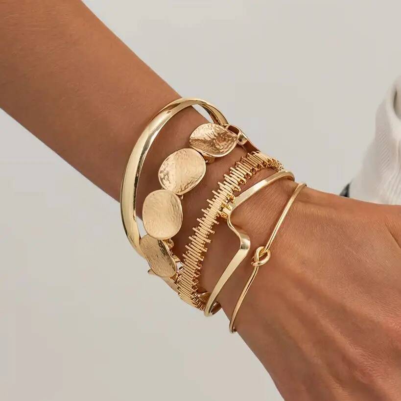 Salircon 5 Pcs/Set Creative Metal Knot Irregular Open Bangles Lady Vintage Gold Color Stackable Layering Charm Bracelet Jewelry