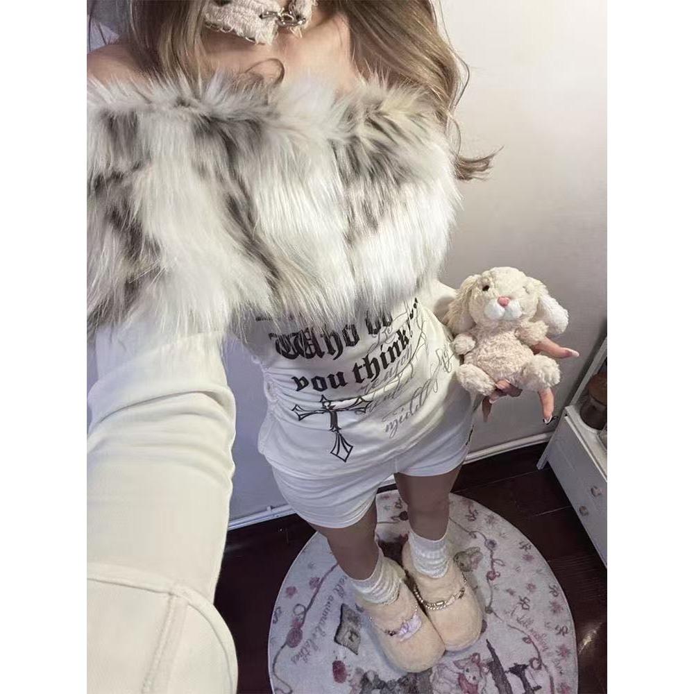 Retro Printed Fur Stitching One-shoulder T-shirt for Women Slimming Sweet and Cool Hot Girl Casual Bottoming Shirt Top