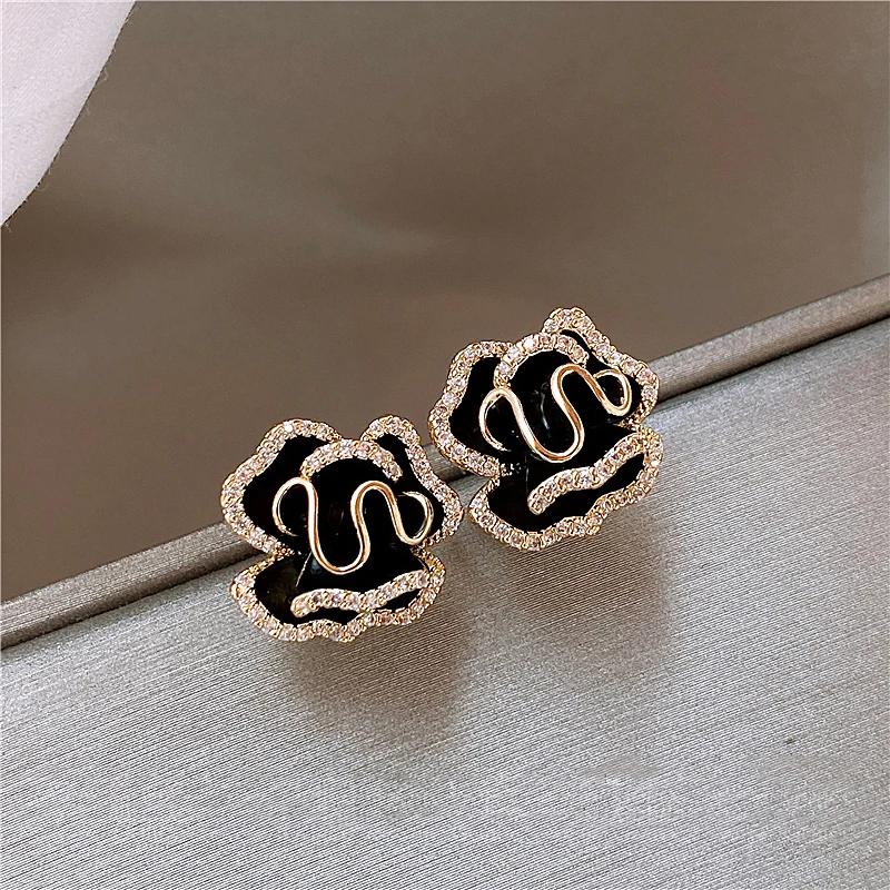 New Luxury Micro Set Zircon Black Camellia Flower Earrings for Womens Korean Fashion Jewelry Party Exquisite Accessories