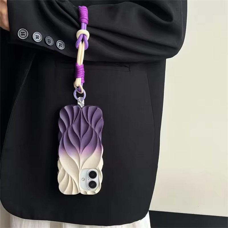 Gradient Pleated Leaf Texture Phone Case with Wrist Strap for iPhone 16 Pro Max 15 14 Plus 13 Shockproof Protectiv Back Cover