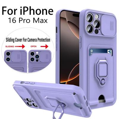 Capa TPU com Slide para Câmera para iPhone 16 15 11 12 13 14 Pro Max XS X XR 8 7 6S Plus À Prova de Choque Armadura Porta Cartões Carteira Capa de Silicone