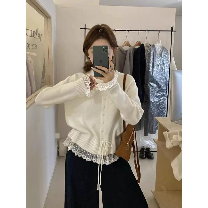 Korean Fashion Crew Neck Sweet Lace Waist Tuck-up Sweater Spring Autumn Knitted Cardigan Loose Slim Fit Top Elegant Casual Jackets Lace-up Clothing