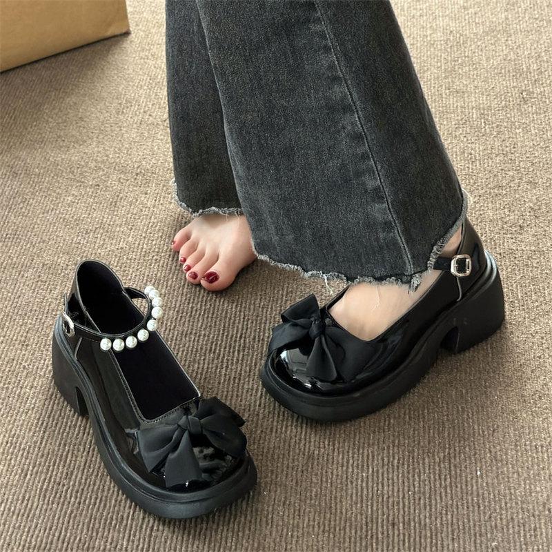Fashion Round Toe Kawaii Lolita Shoes Woman Casual Elegant Pure Color Bow Pumps Non-slip Korean Style Medium Heel Shoes Chic Summer 2024