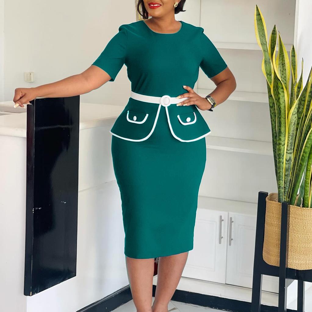 O Neck Short Sleeve Dress Elegant Bodycon Dresses Women Solid Belt Waisted Package Hips Mid Calf Professional Business Work Dress