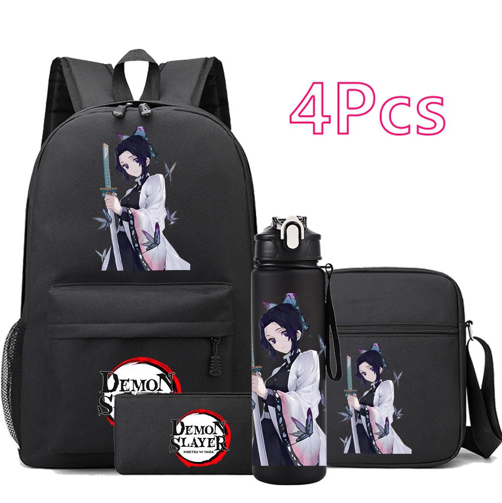 4 st/set Anime Demon Slayer Tryckt Ryggsäck Skolväska Axelväska Fodralväska med 750 ml Vattenflaska Pojke Flicka Stor Kapacitet Vattentät Skolväska