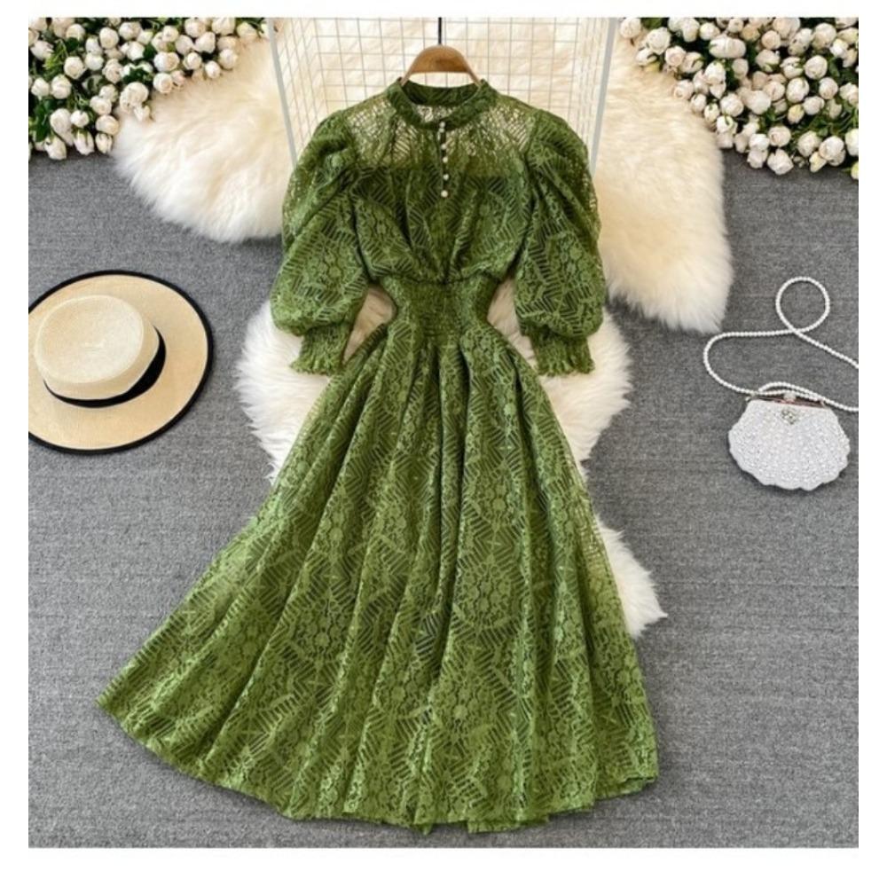 Court Style Stand-up Collar High Waist and Thin Bubble Sleeves Lace Dress Bohemian Seaside Vacation Big Swing Dress Women